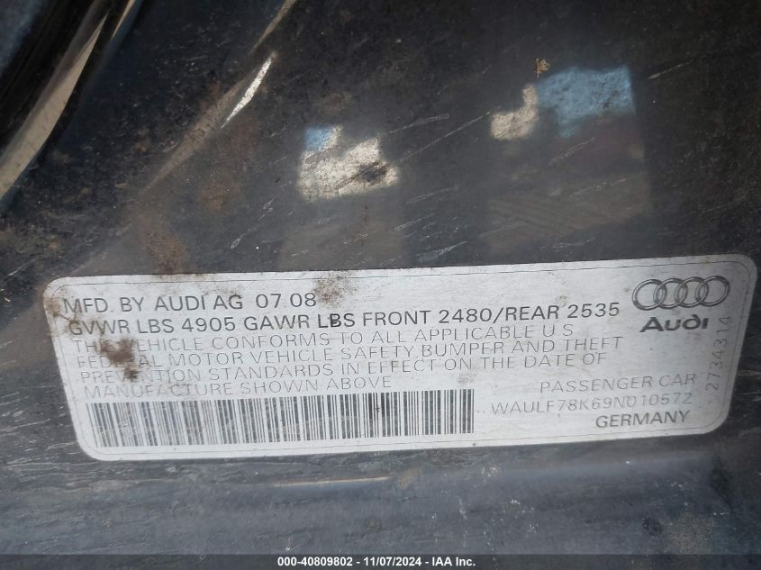 2009 AUDI A4 VIN: WAULF78K69N010572