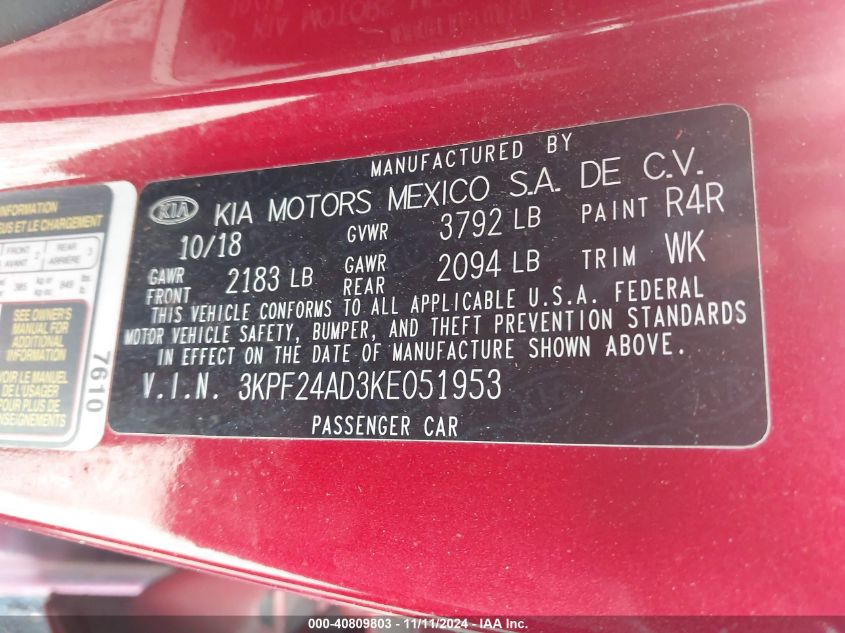 2019 KIA FORTE VIN: 3KPF24AD3KE051953