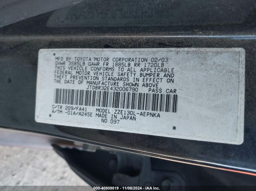 2003 Toyota Corolla Le VIN: JTDBR32E432006790 Lot: 40809819