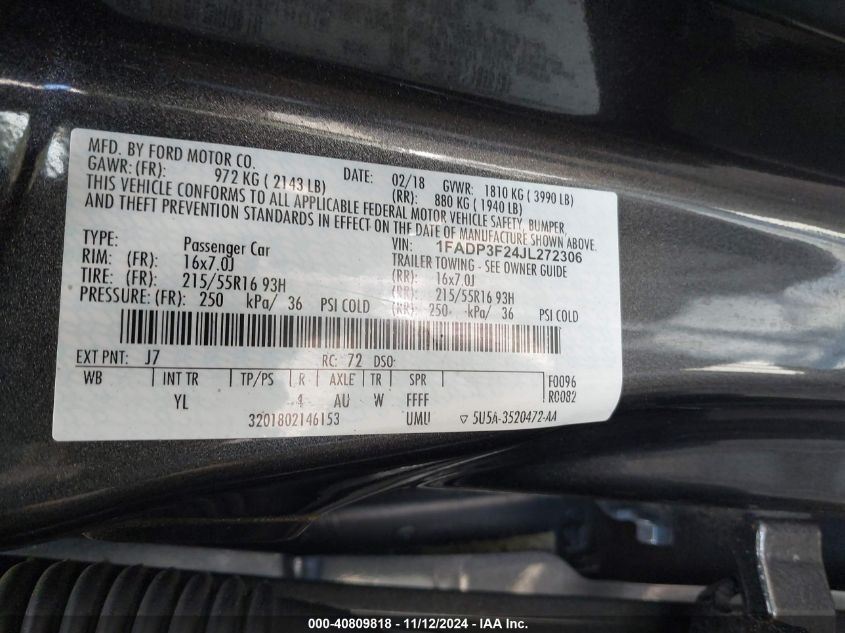 2018 FORD FOCUS SE - 1FADP3F24JL272306