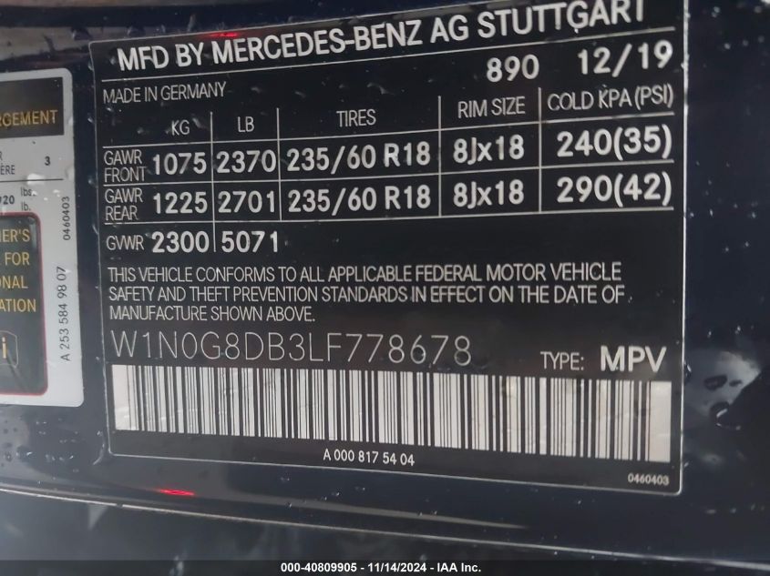 2020 Mercedes-Benz Glc 300 VIN: W1N0G8DB3LF778678 Lot: 40809905