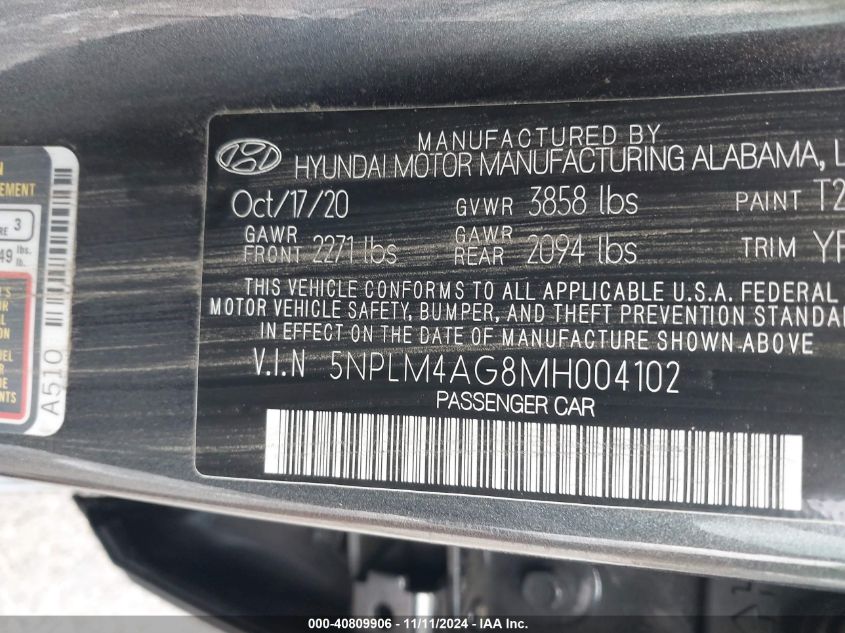 2021 Hyundai Elantra Sel VIN: 5NPLM4AG8MH004102 Lot: 40809906