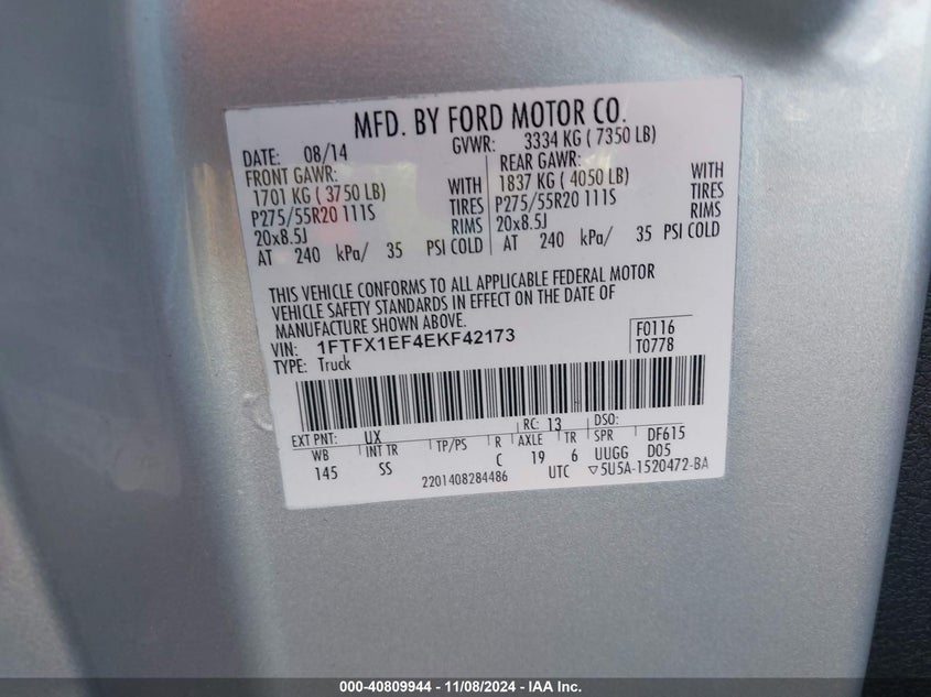 2014 FORD F-150 VIN: 1FTFX1EF4EKF42173