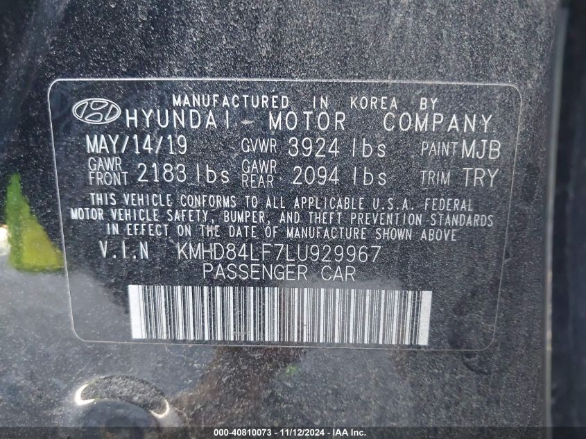 VIN KMHD84LF7LU929967 2020 HYUNDAI ELANTRA no.9