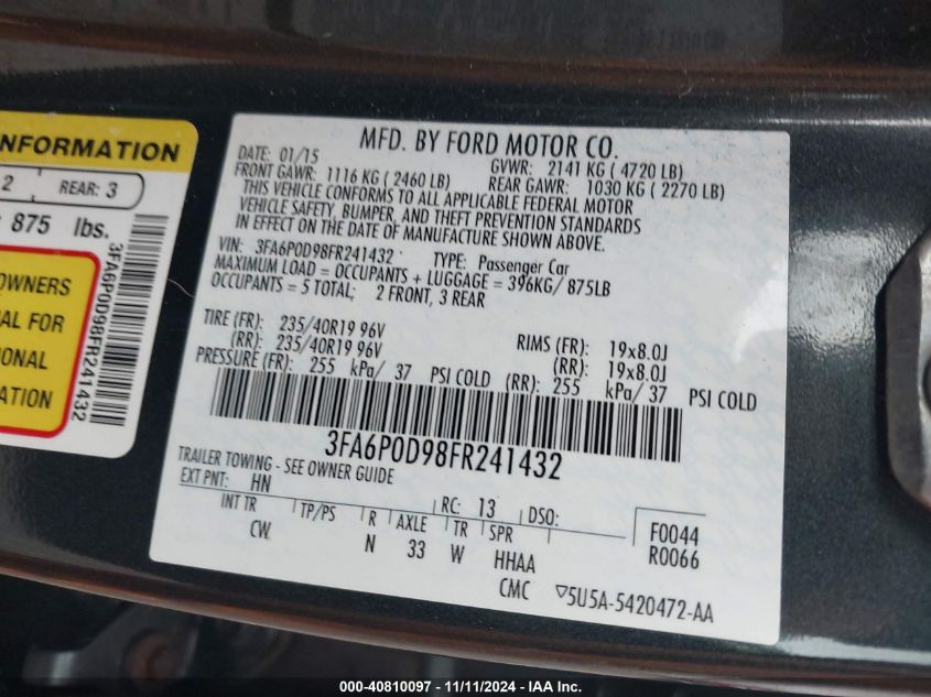 2015 FORD FUSION TITANIUM - 3FA6P0D98FR241432