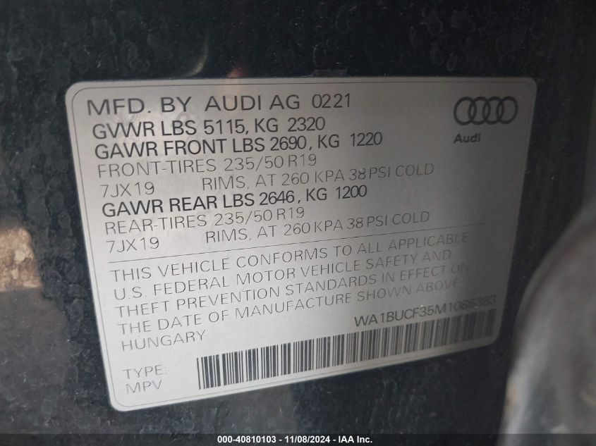 2021 Audi Q3 Premium Plus 40 Tfsi Quattro Tiptronic VIN: WA1BUCF35M1086383 Lot: 40810103