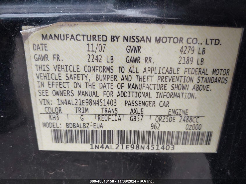 2008 NISSAN ALTIMA VIN: 1N4AL21E98N451403
