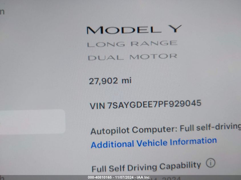 2023 Tesla Model Y Awd/Long Range Dual Motor All-Wheel Drive VIN: 7SAYGDEE7PF929045 Lot: 40810165