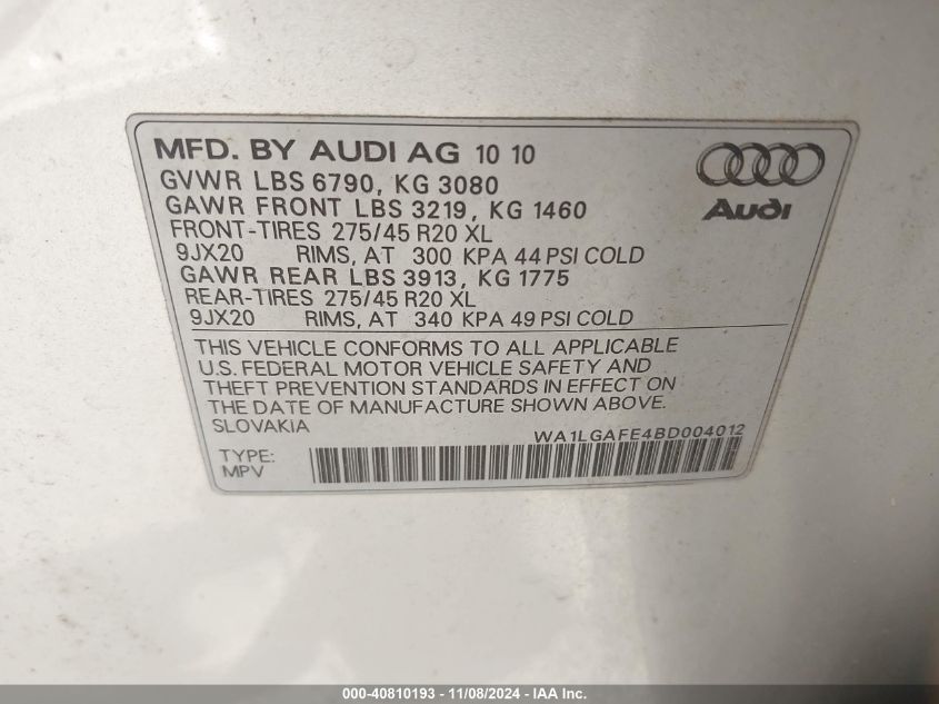 2011 Audi Q7 3.0T Premium VIN: WA1LGAFE4BD004012 Lot: 40810193