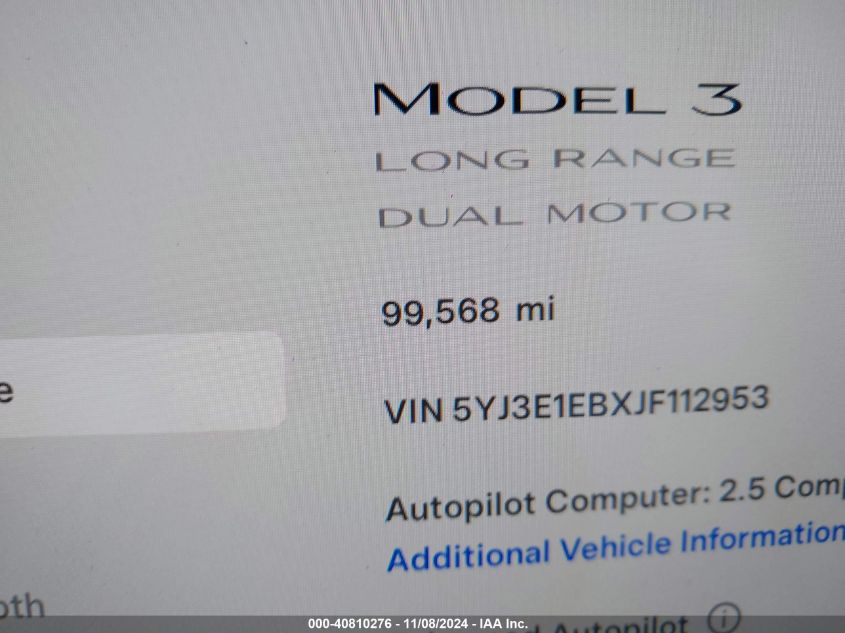 2018 Tesla Model 3 Long Range/Performance VIN: 5YJ3E1EBXJF112953 Lot: 40810276