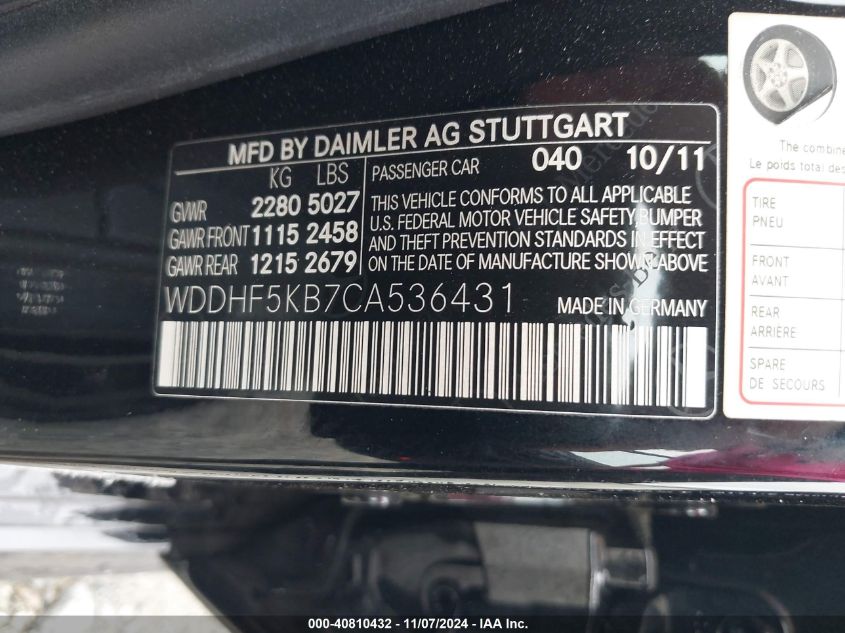 2012 Mercedes-Benz E 350 VIN: WDDHF5KB7CA536431 Lot: 40810432