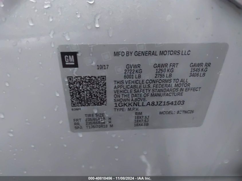 2018 GMC ACADIA VIN: 1GKKNLLA8JZ154103