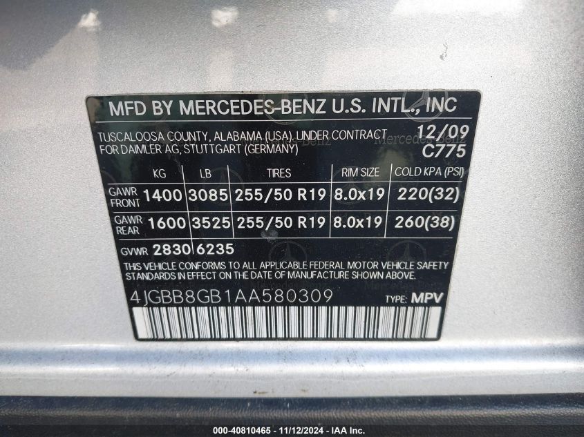 2010 Mercedes-Benz Ml 350 4Matic VIN: 4JGBB8GB1AA580309 Lot: 40810465