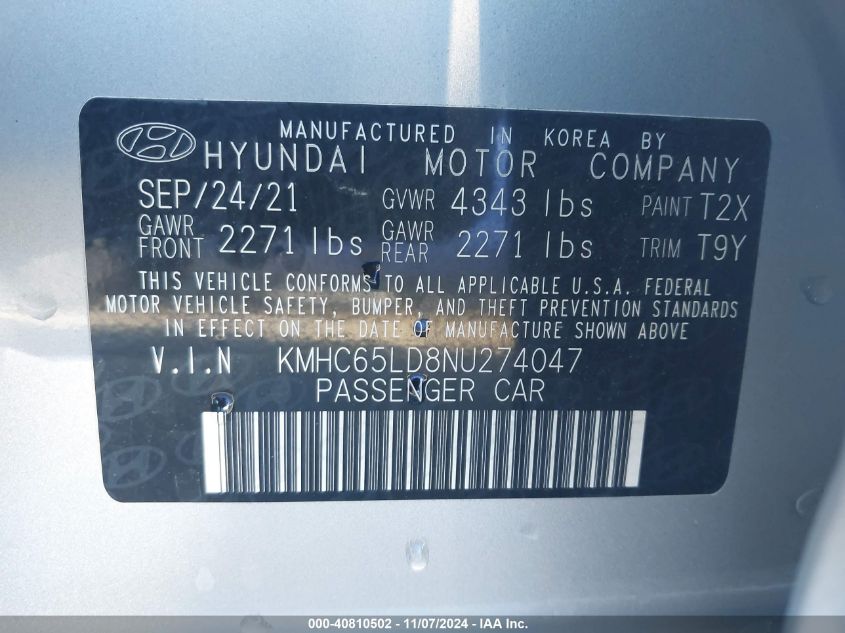 2022 Hyundai Ioniq Plug-In Hybrid Se VIN: KMHC65LD8NU274047 Lot: 40810502