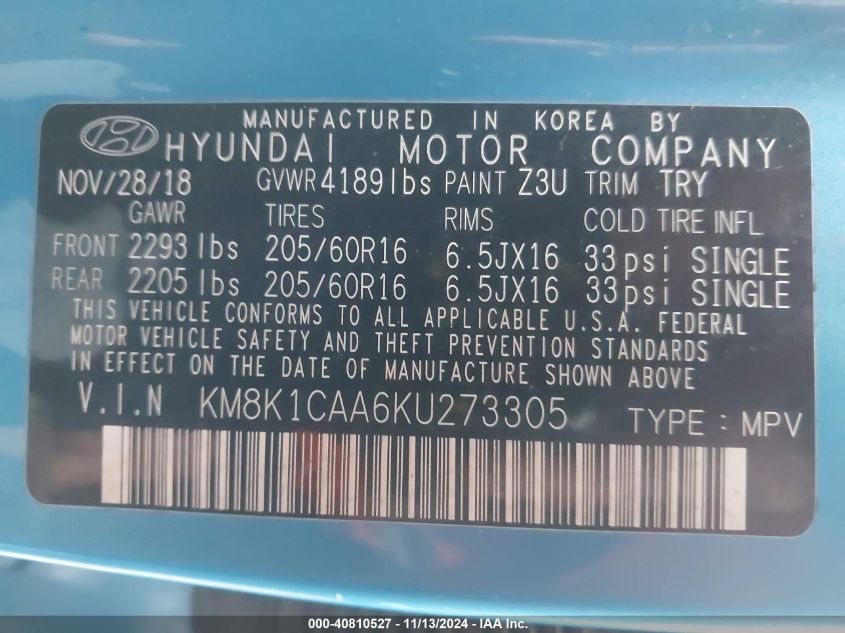 2019 Hyundai Kona Se VIN: KM8K1CAA6KU273305 Lot: 40810527