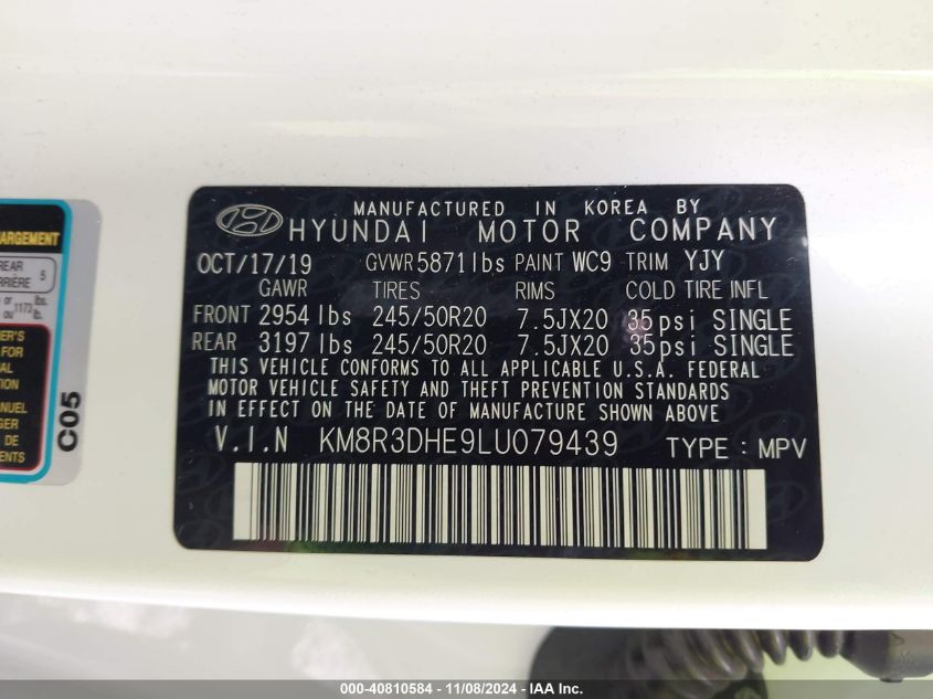 2020 Hyundai Palisade Sel VIN: KM8R3DHE9LU079439 Lot: 40810584