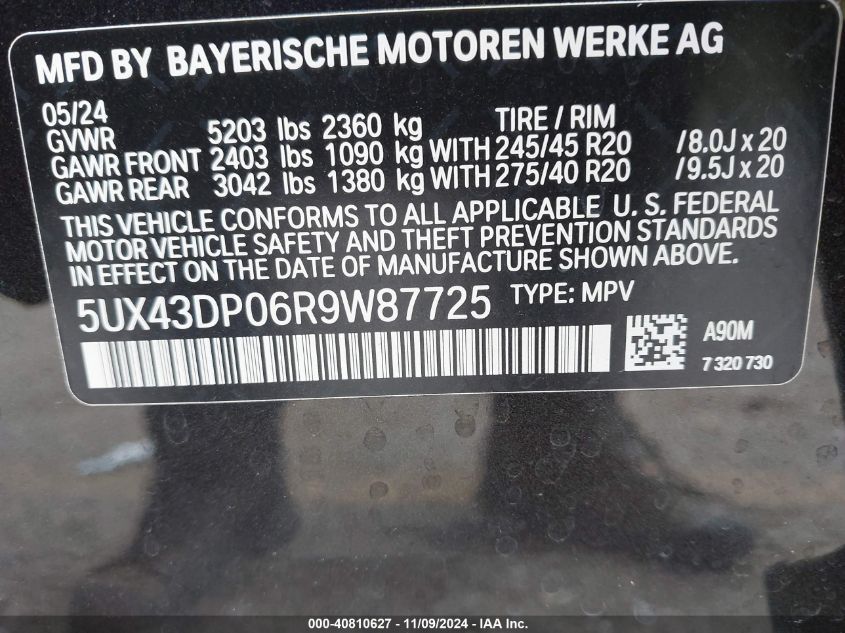 2024 BMW X3 Sdrive30I VIN: 5UX43DP06R9W87725 Lot: 40810627