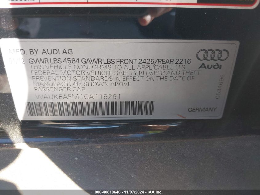 2012 Audi A3 2.0T Premium VIN: WAUKEAFM1CA115261 Lot: 40810646