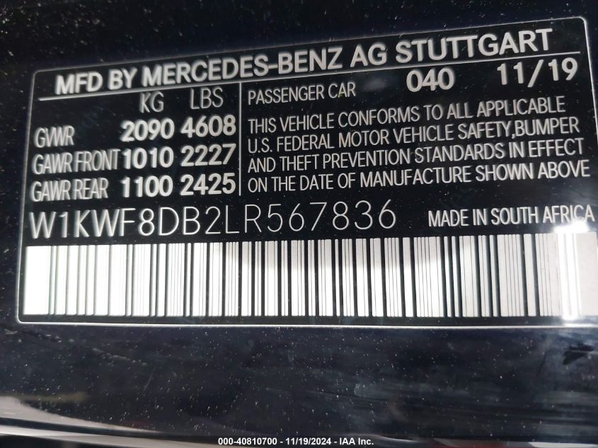 2020 Mercedes-Benz C 300 VIN: W1KWF8DB2LR567836 Lot: 40810700