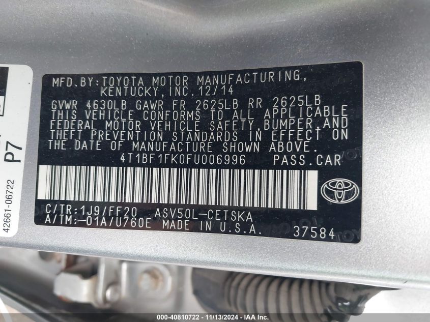 2015 Toyota Camry Se VIN: 4T1BF1FK0FU006996 Lot: 40810722