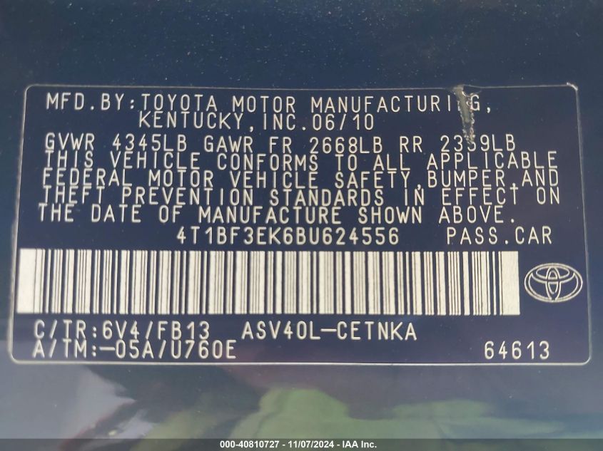 2011 Toyota Camry Le VIN: 4T1BF3EK6BU624556 Lot: 40810727