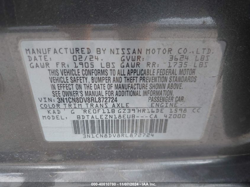 2024 Nissan Versa 1.6 S VIN: 3N1CN8DV8RL872724 Lot: 40810780