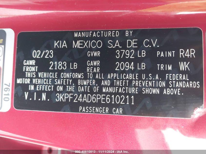 2023 Kia Forte Lxs VIN: 3KPF24AD6PE610211 Lot: 40810813