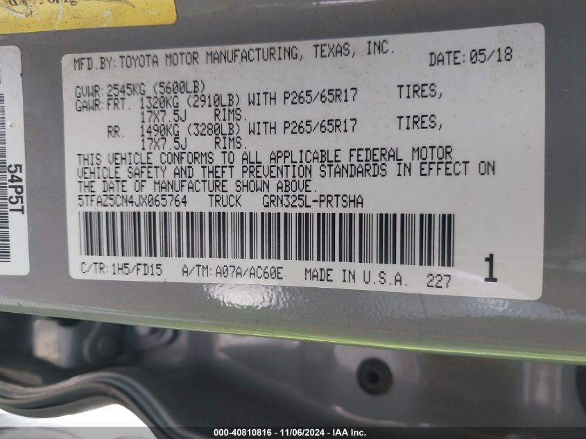 2018 Toyota Tacoma Trd Sport VIN: 5TFAZ5CN4JX065764 Lot: 40810816