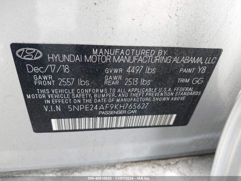 2019 Hyundai Sonata Se VIN: 5NPE24AF9KH765627 Lot: 40810820