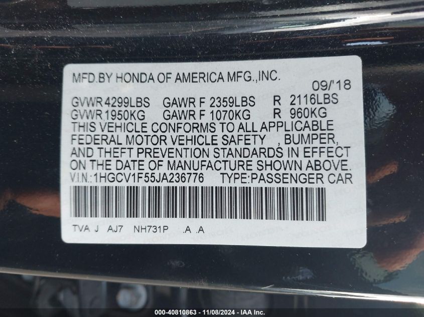 VIN 1HGCV1F55JA236776 2018 HONDA ACCORD EX-L