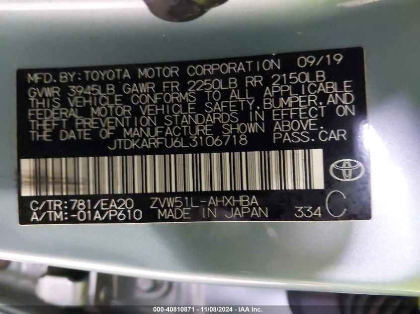 2020 TOYOTA PRIUS VIN: JTDKARFU6L3106718