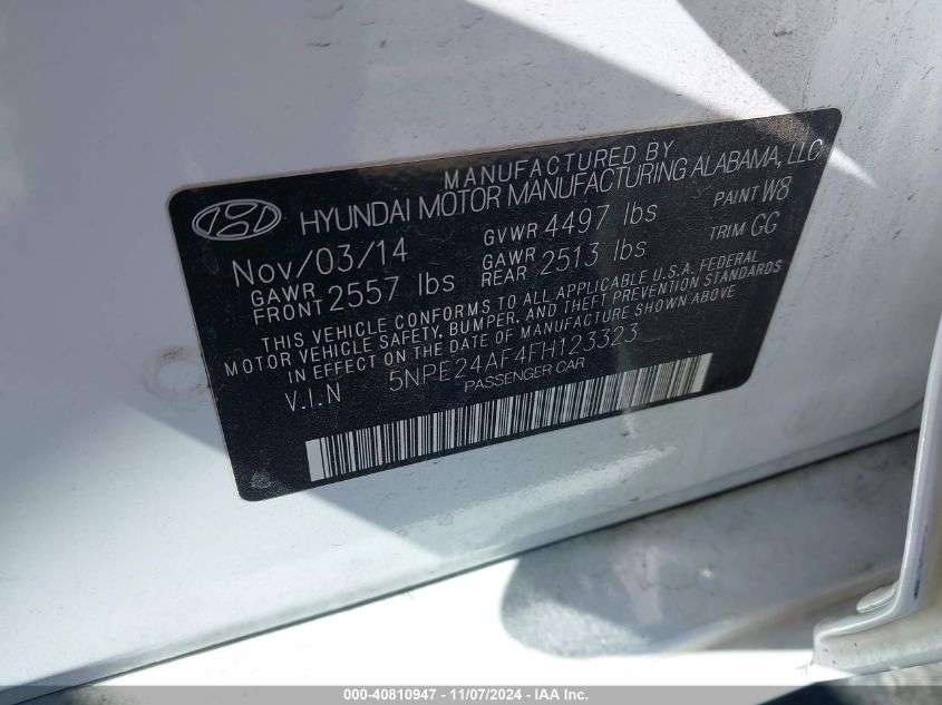 2015 Hyundai Sonata Se VIN: 5NPE24AF4FH123323 Lot: 40810947