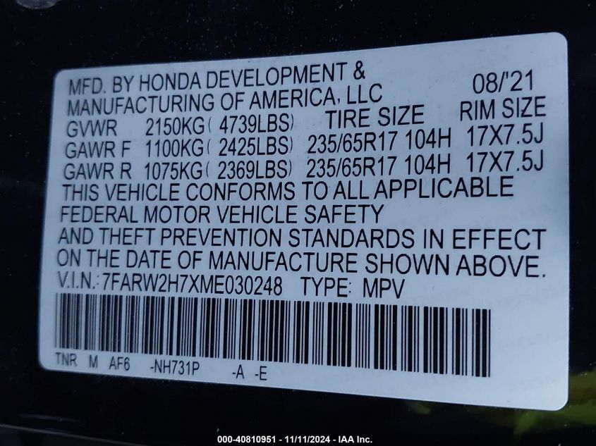 2021 Honda Cr-V Awd Special Edition VIN: 7FARW2H7XME030248 Lot: 40810951