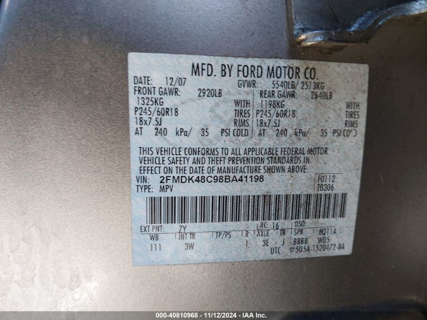 2008 Ford Edge Sel VIN: 2FMDK48C98BA41198 Lot: 40810968