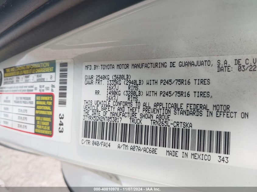 2022 Toyota Tacoma Sr VIN: 3TYRX5GN2NT053017 Lot: 40810970