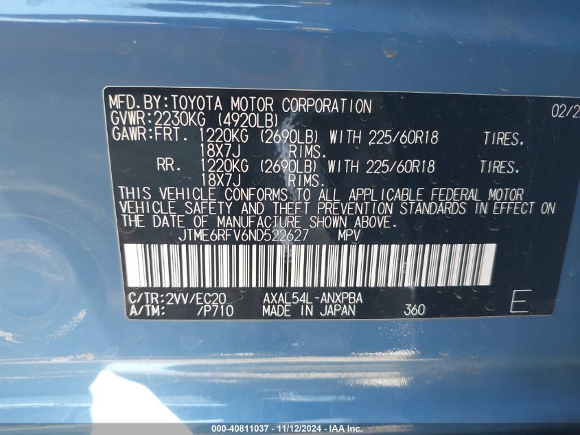 2022 Toyota Rav4 Hybrid Xse VIN: JTME6RFV6ND522627 Lot: 40811037