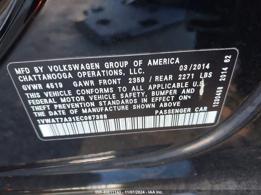 2014 Volkswagen Passat 1.8T Wolfsburg Edition VIN: 1VWAT7A31EC087388 Lot: 40811143