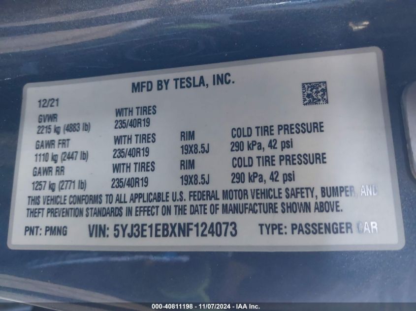 2022 Tesla Model 3 Long Range Dual Motor All-Wheel Drive VIN: 5YJ3E1EBXNF124073 Lot: 40811198