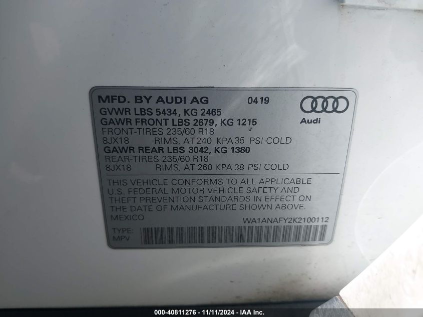 2019 Audi Q5 Premium VIN: WA1ANAFY2K2100112 Lot: 40811276