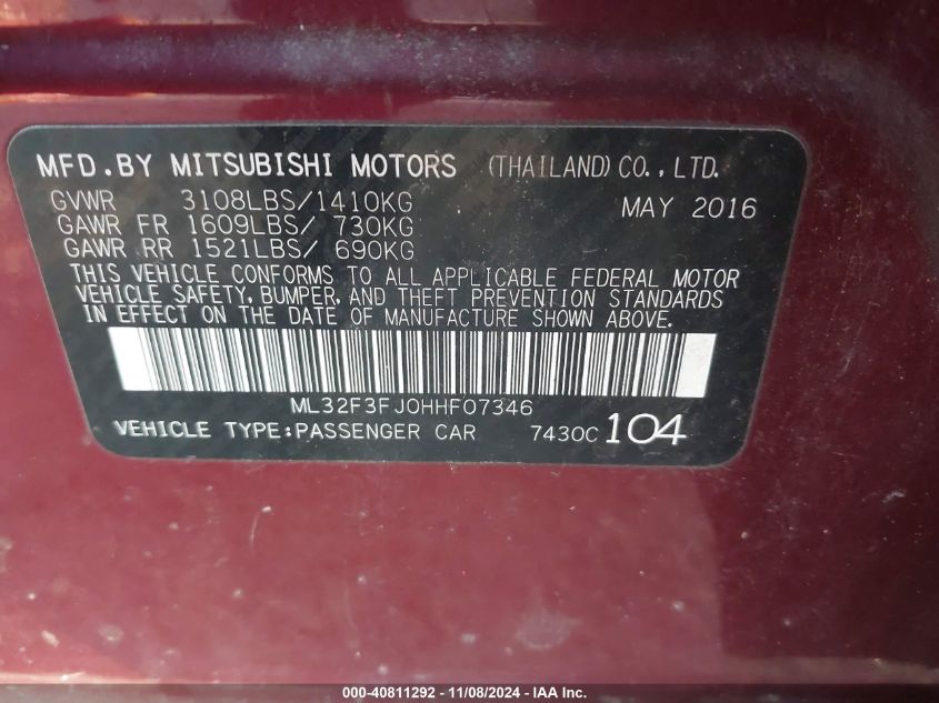 2017 Mitsubishi Mirage G4 Es VIN: ML32F3FJ0HHF07346 Lot: 40811292