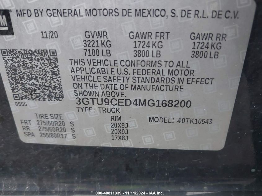 2021 GMC Sierra 1500 4Wd Short Box Elevation VIN: 3GTU9CED4MG168200 Lot: 40811339