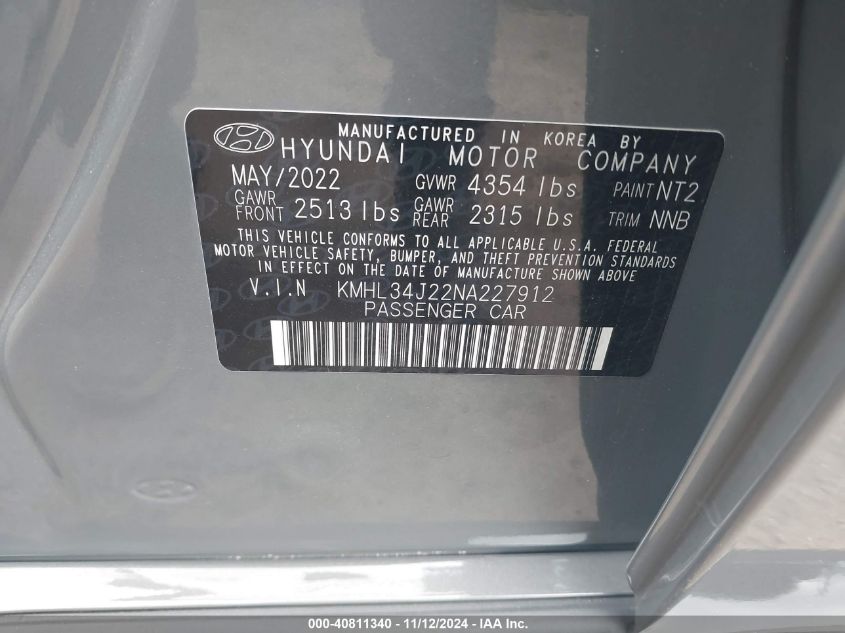 2022 Hyundai Sonata Limited VIN: KMHL34J22NA227912 Lot: 40811340