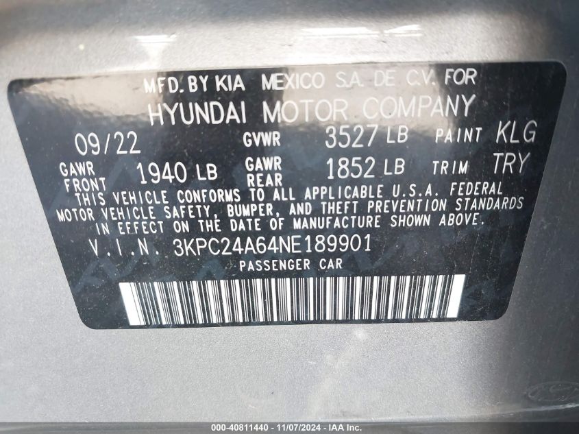 2022 Hyundai Accent Sel VIN: 3KPC24A64NE189901 Lot: 40811440