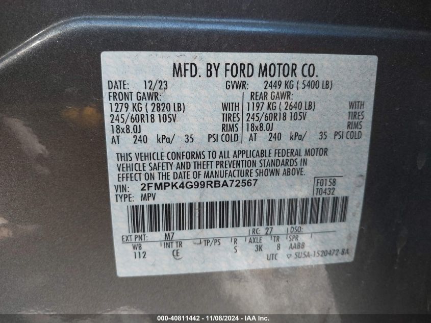 2024 Ford Edge Se VIN: 2FMPK4G99RBA72567 Lot: 40811442