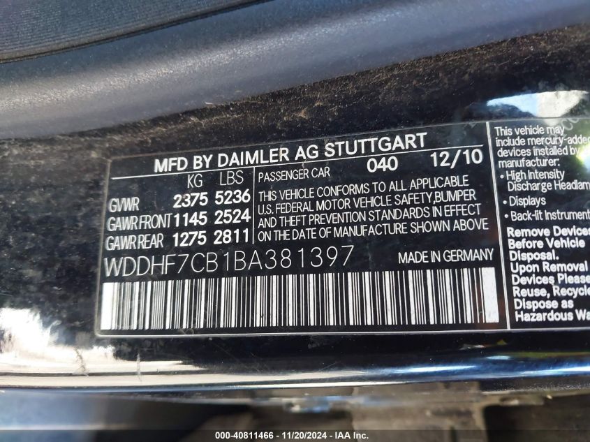 2011 Mercedes-Benz E 550 VIN: WDDHF7CB1BA381397 Lot: 40811466