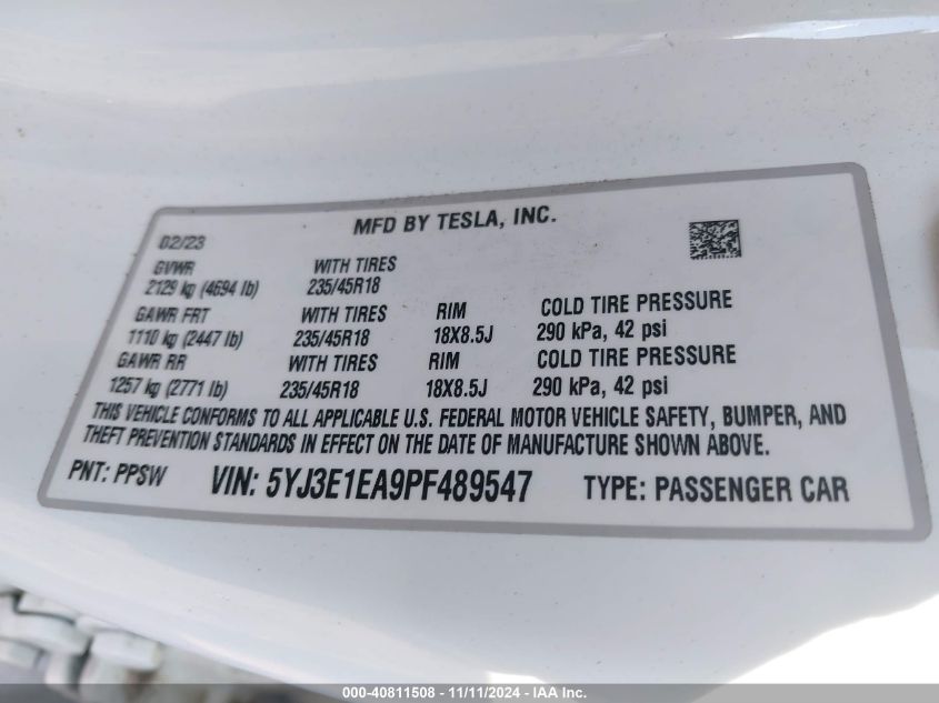 2023 TESLA MODEL 3 REAR-WHEEL DRIVE - 5YJ3E1EA9PF489547