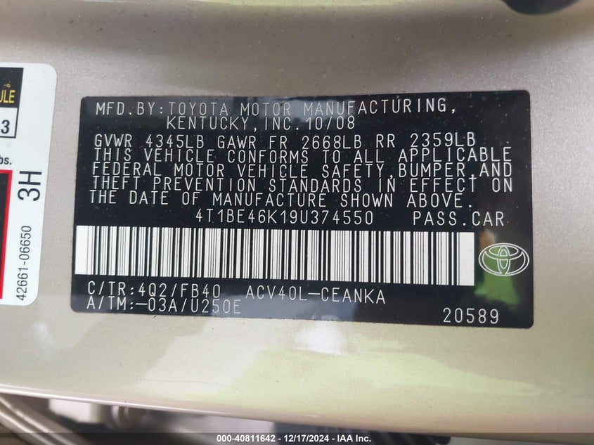 2009 TOYOTA CAMRY VIN: 4T1BE46K19U374550