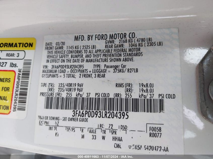 2020 Ford Fusion Titanium VIN: 3FA6P0D93LR204395 Lot: 40811663