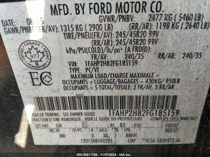 2015 Ford Taurus Sel VIN: 1FAHP2H82FG185159 Lot: 40811706