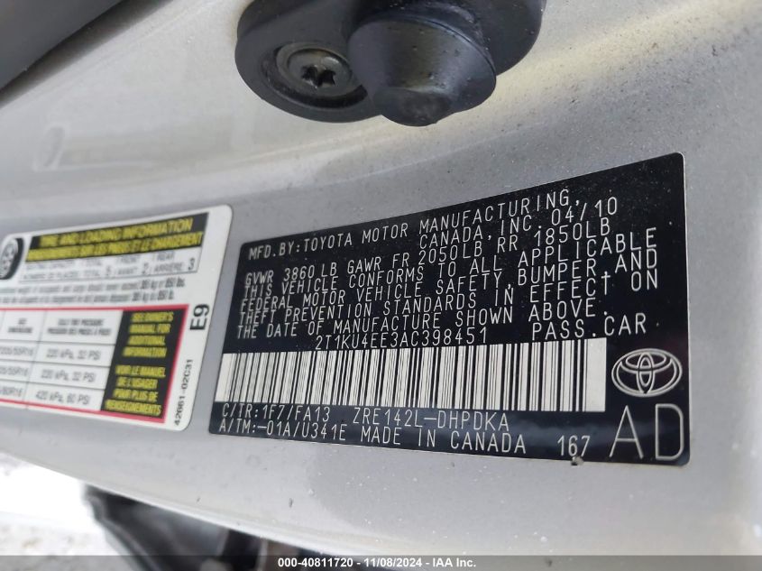 2010 Toyota Matrix VIN: 2T1KU4EE3AC398451 Lot: 40811720